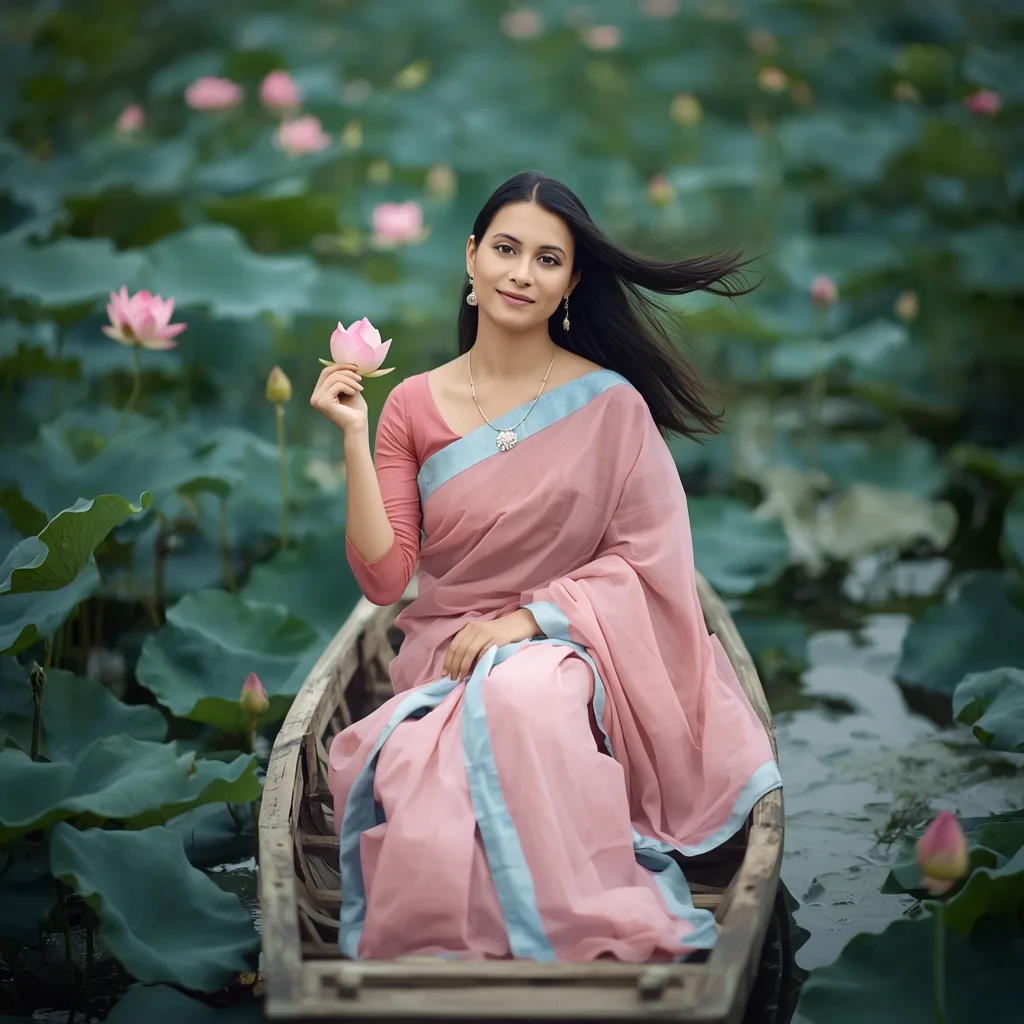 A Young Woman's Serene Pink Saree Lake Portrait