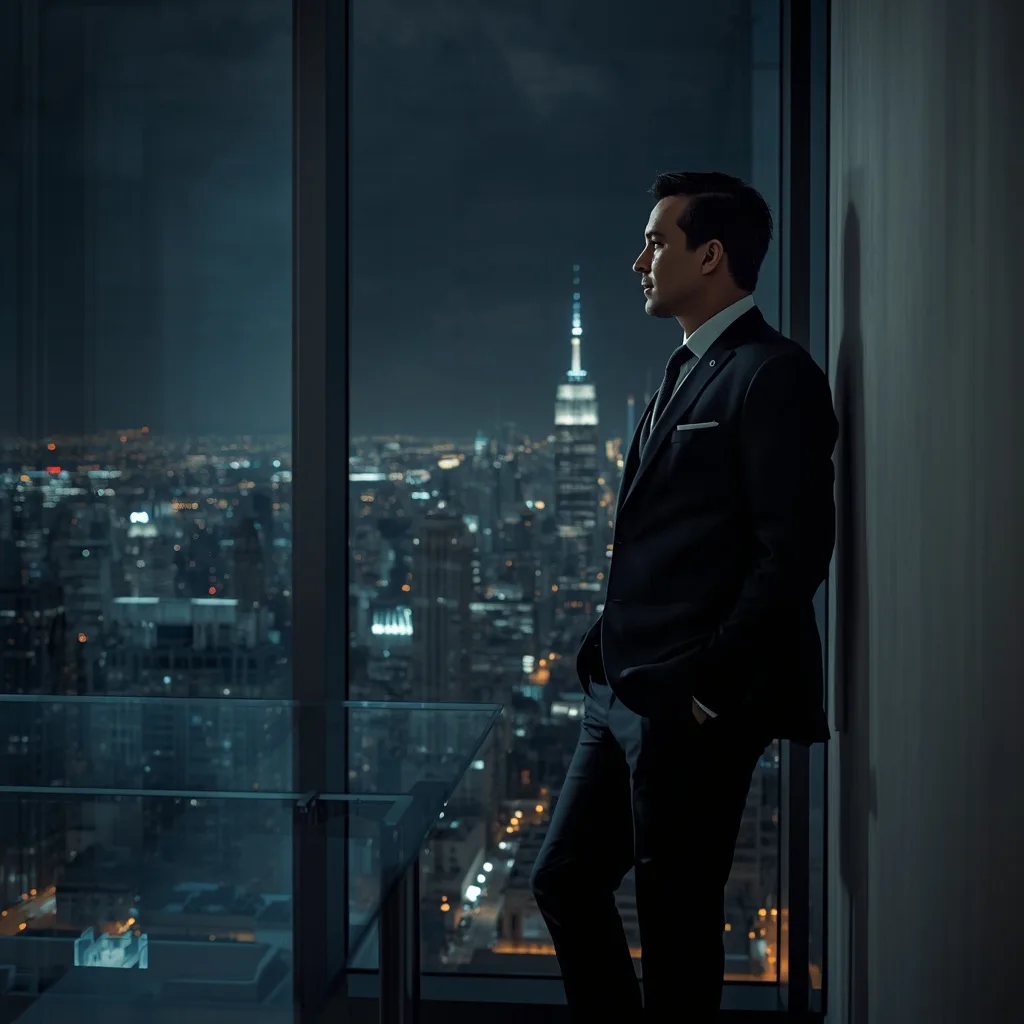 Confident Businessman in a Modern Office with City View at Night – male ai prompts – AI generated example