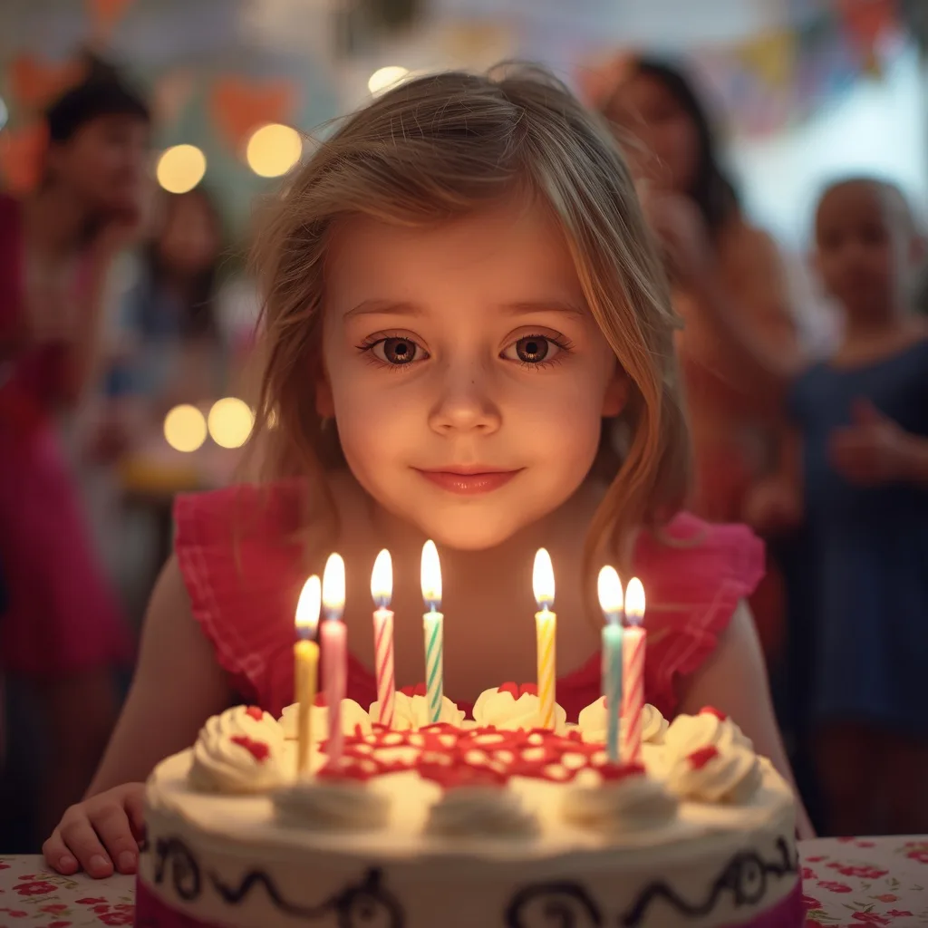 Cute Girl in Western Party Dress, Blowing Out Birthday Candles