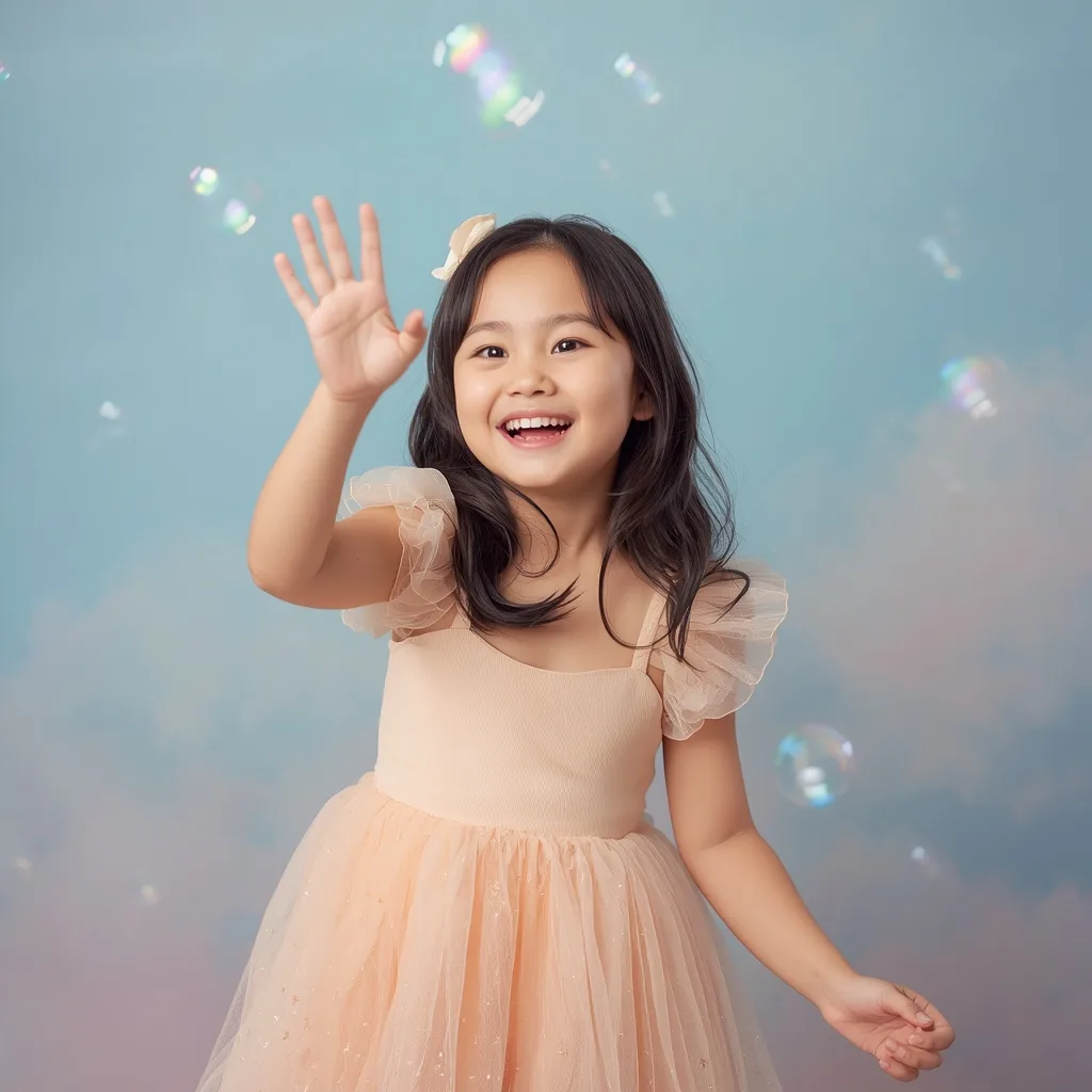 Cute Girl's Playful Pose with Colorful Bubbles – stylish girls ai prompts – AI generated example