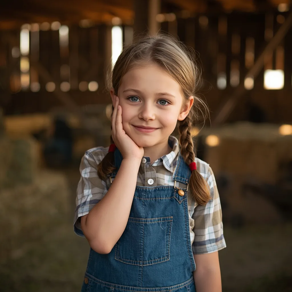 Cute Girl's Thoughtful Pose in a Rustic Barn