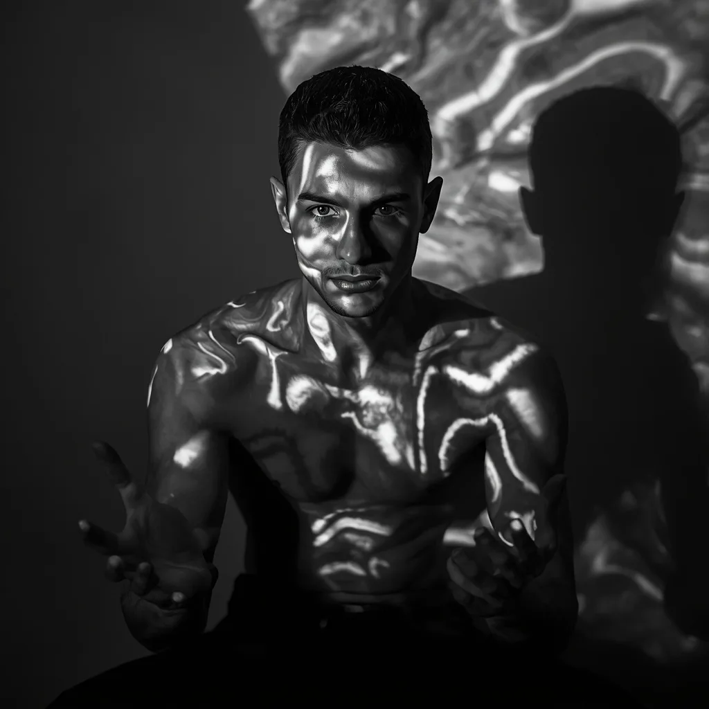 Dramatic Black and White Portrait of a Man with Abstract Light Patterns