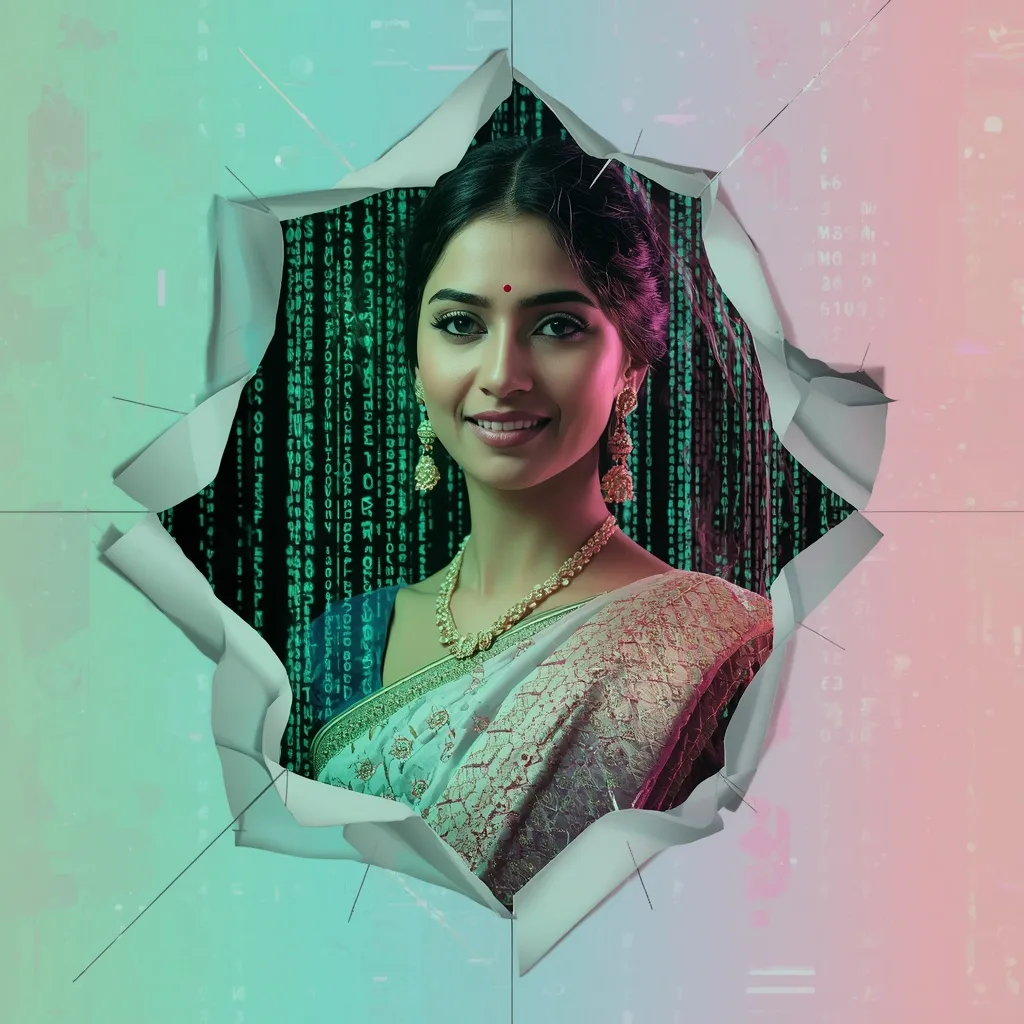 Dreamy Reality Tear with Neon Digital Matrix Code