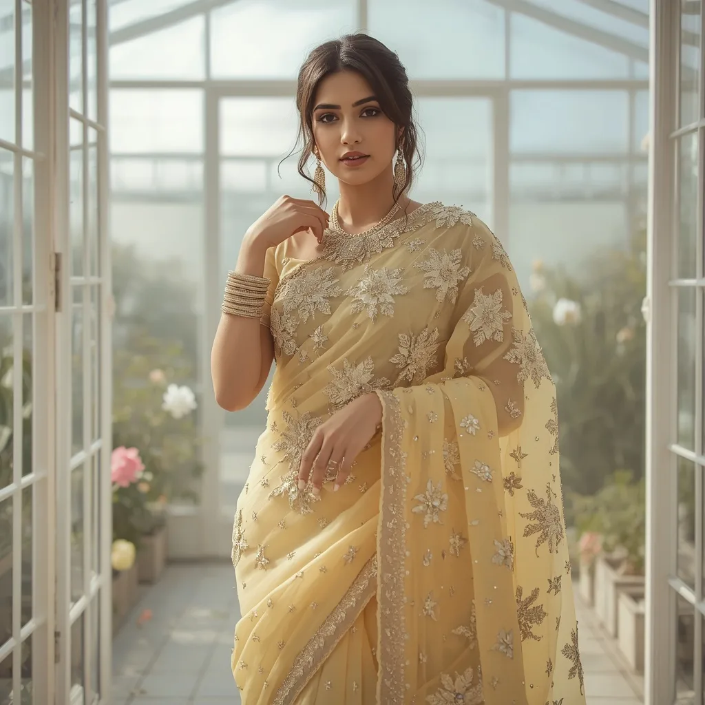 Elegant Soft Yellow Saree in Modern Glasshouse Setting – Traditional Look Girl ChatGPT Image prompts – AI generated example