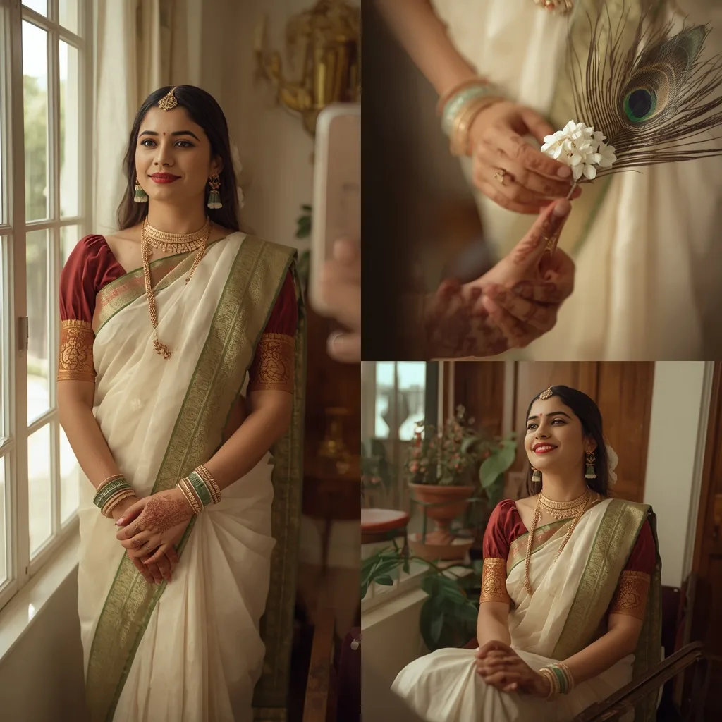 Elegant South Indian Heritage: Kasavu Saree and Mehendi Lifestyle Collage