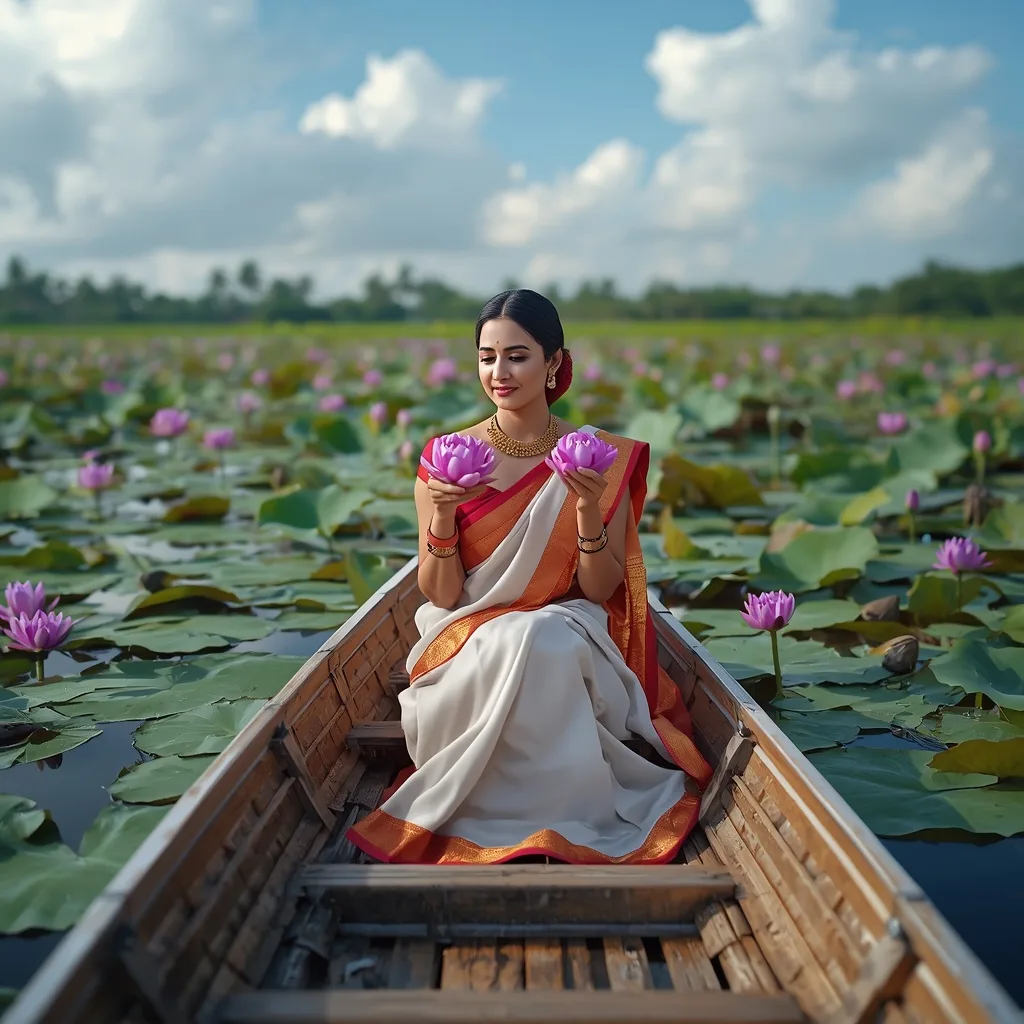 Elegant Woman in a Saree, Gracefully Seated in a Lotus Boat