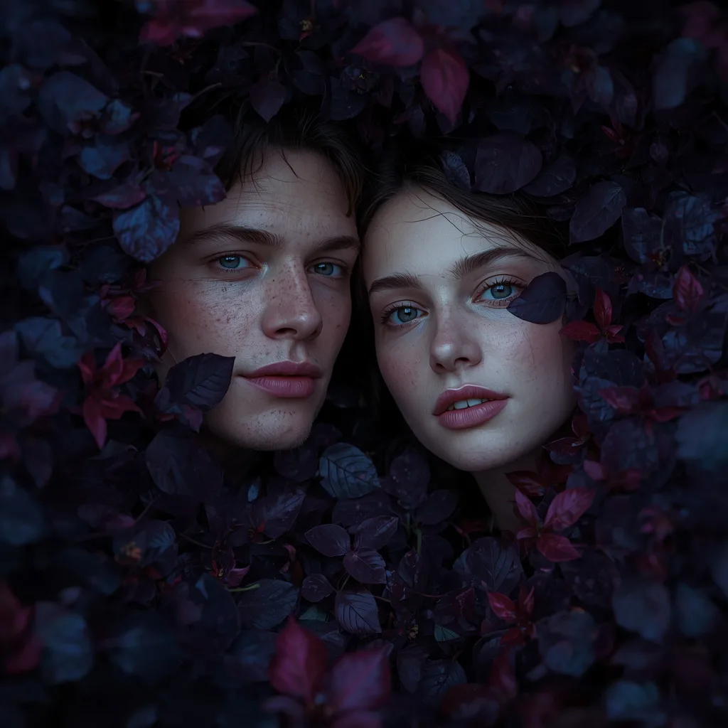 Ethereal Beauty Portrait of a Couple Embraced by Dark Foliage