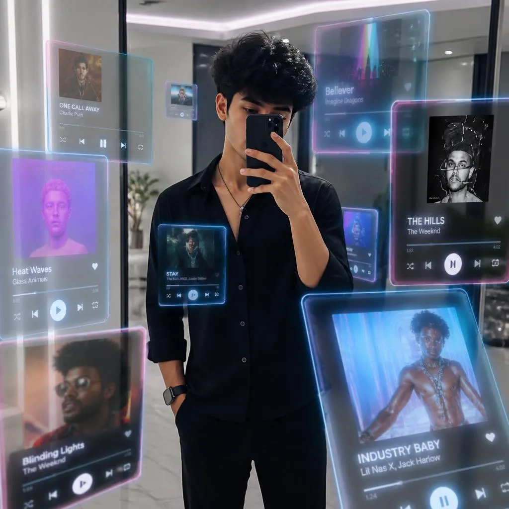 Futuristic Mirror Selfie with Floating Holographic Music Tiles