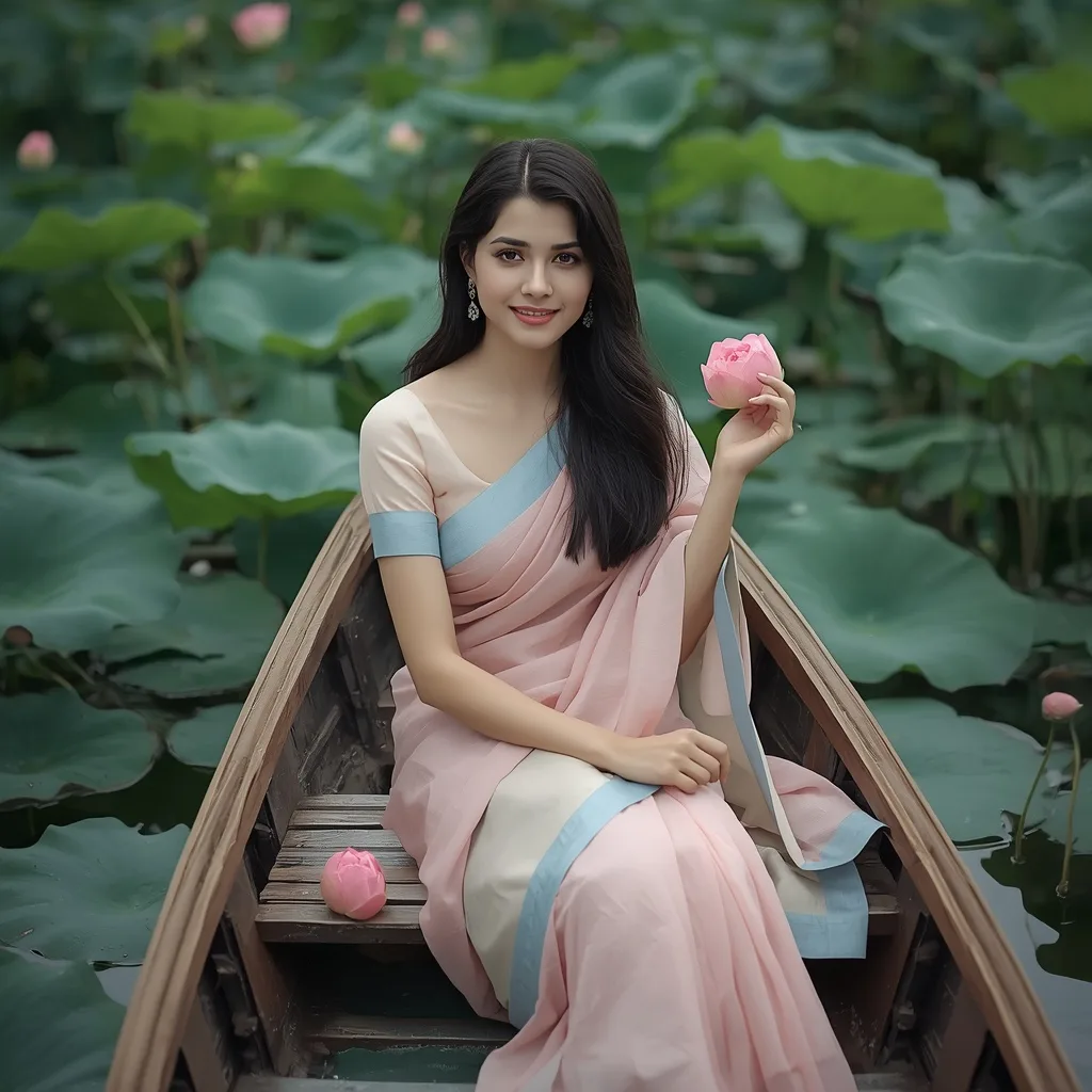 Graceful Young Woman in Pink Saree, Surrounded by Lake Lotuses
