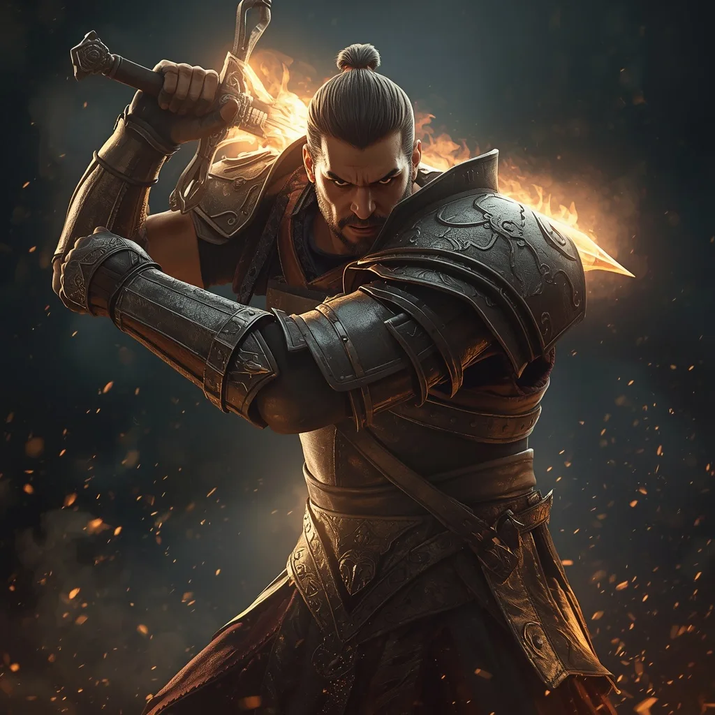 Intense Male Warrior in Battle Armor with Glowing Sword and Dynamic Lighting – male ai prompts – AI generated example
