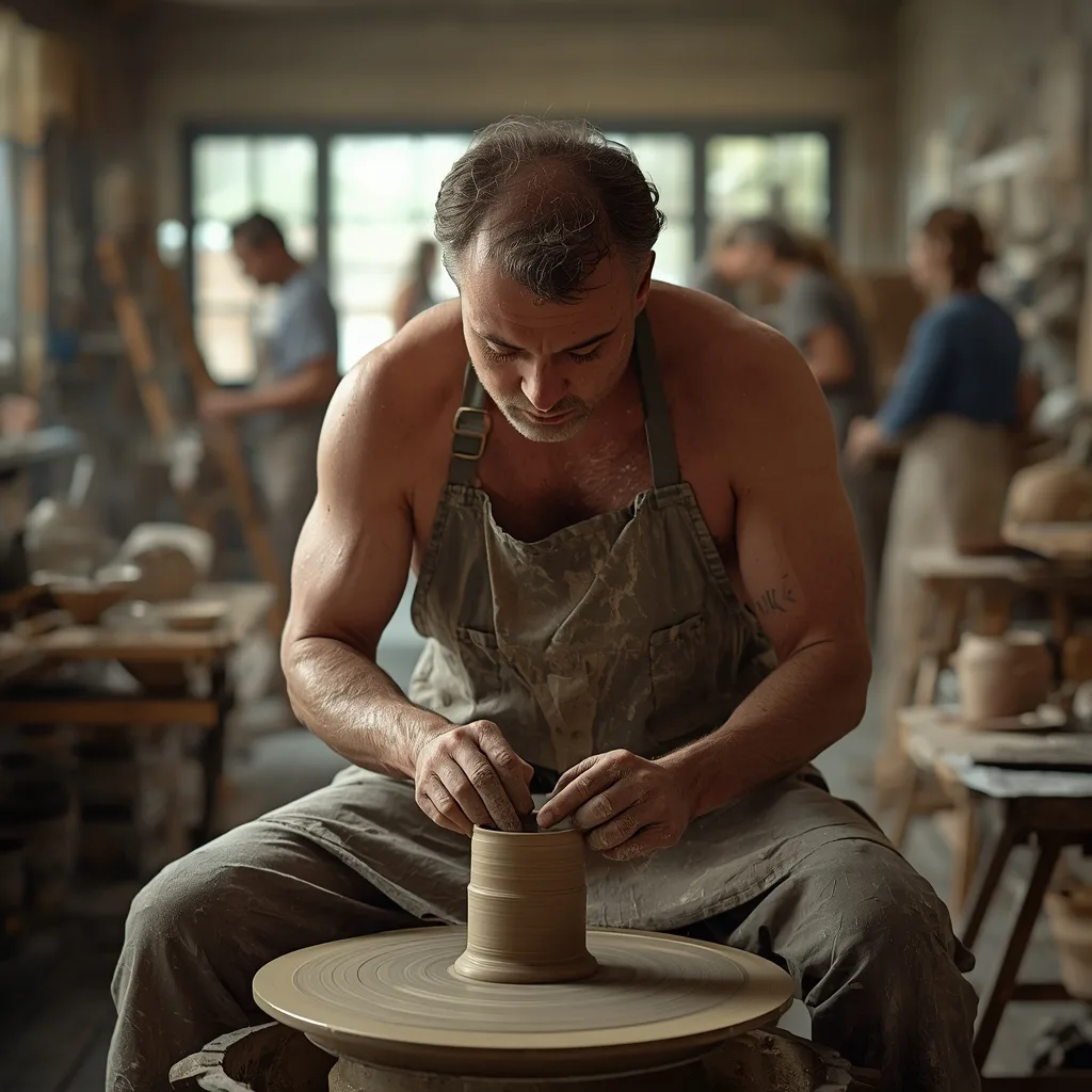Man's Artistic Flair in a Bustling Pottery Studio