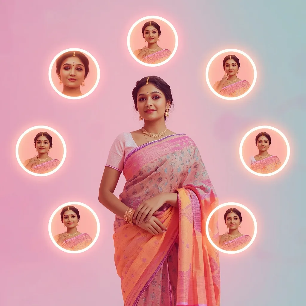 Modern Floating Glowing Circular Frames Around Saree – Traditional Look Girl ChatGPT Image prompts – AI generated example