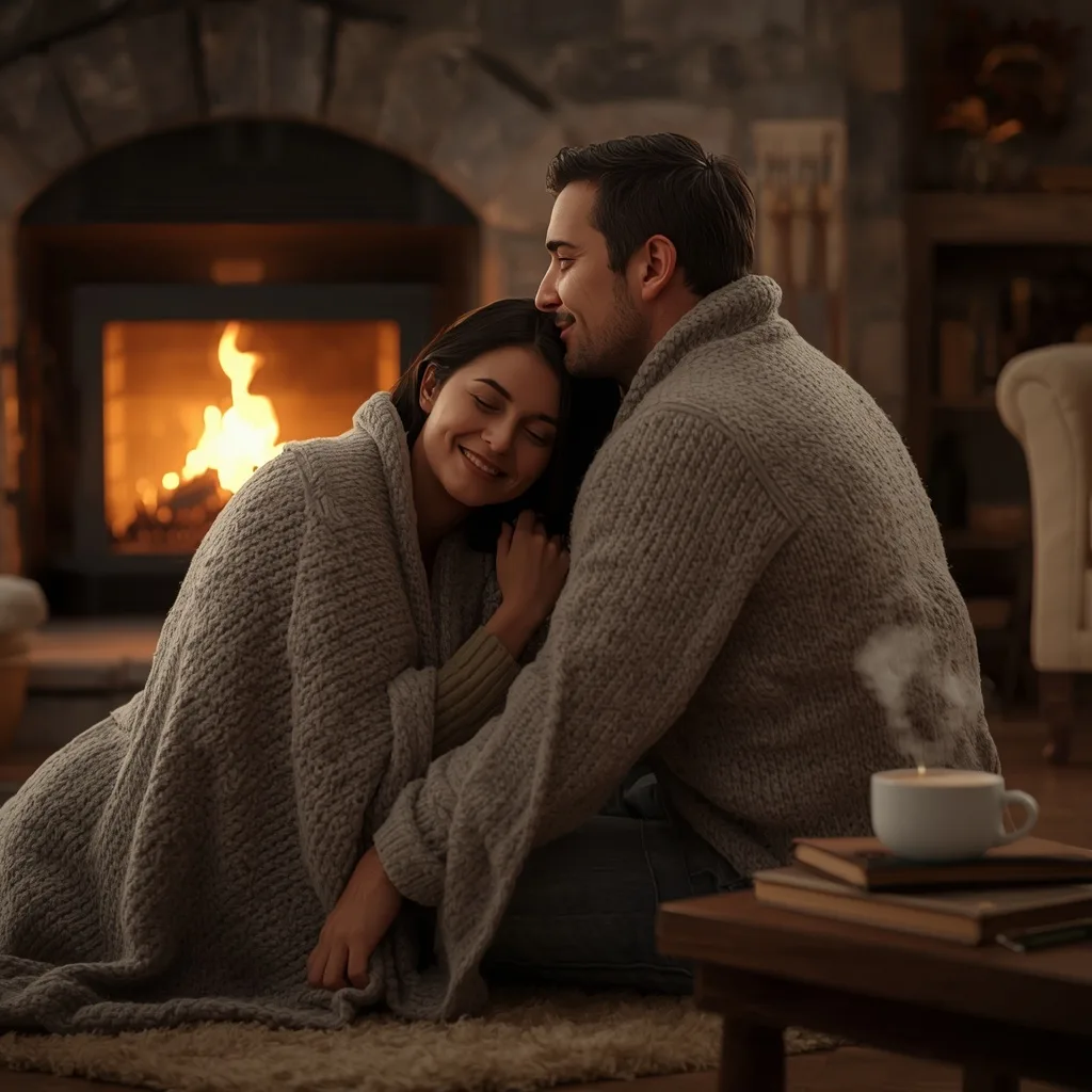 Romantic Couple Sharing a Cozy Fireside Moment – Expressive Couple Cooking Together Moments prompts – AI generated example