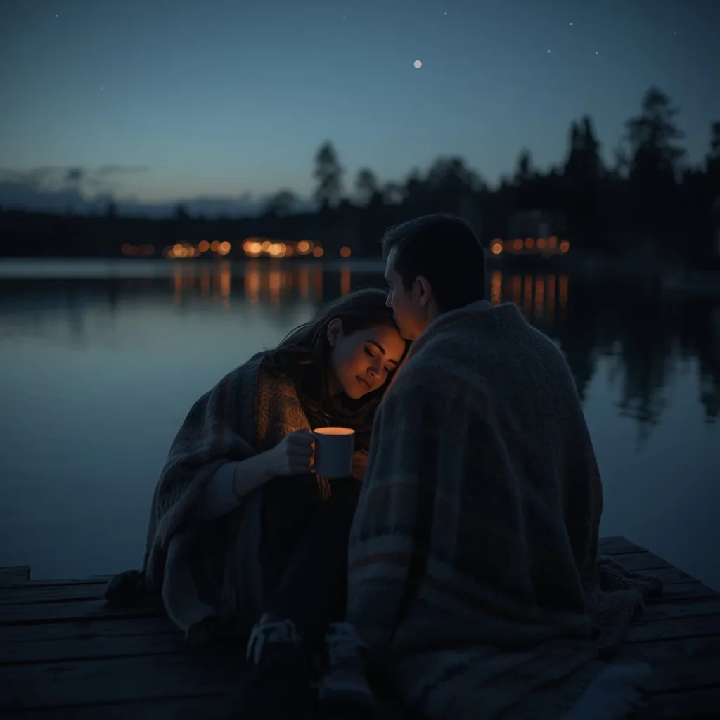 Romantic Couple's Cozy Evening by a Lake at Dusk