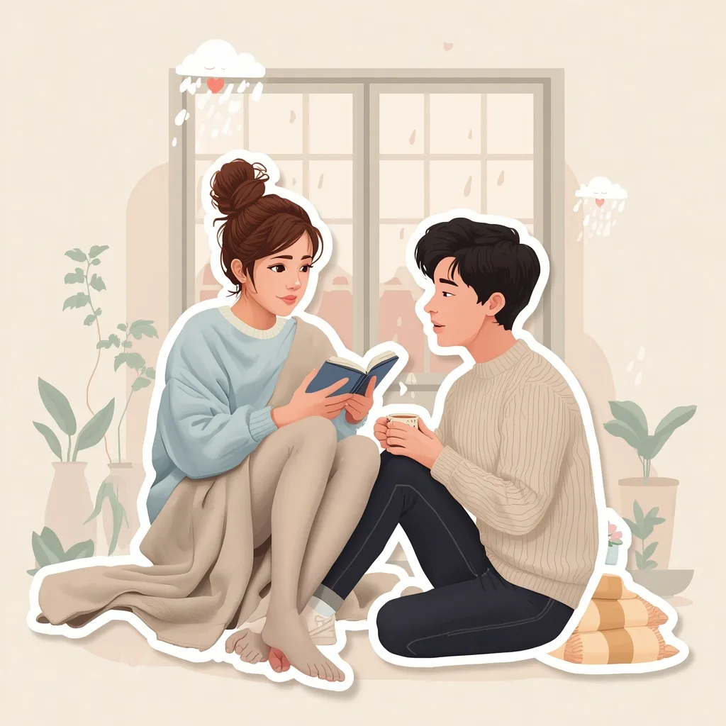 Romantic Couple's Pastel Sticker Art: Cozy Rainy Day Reading