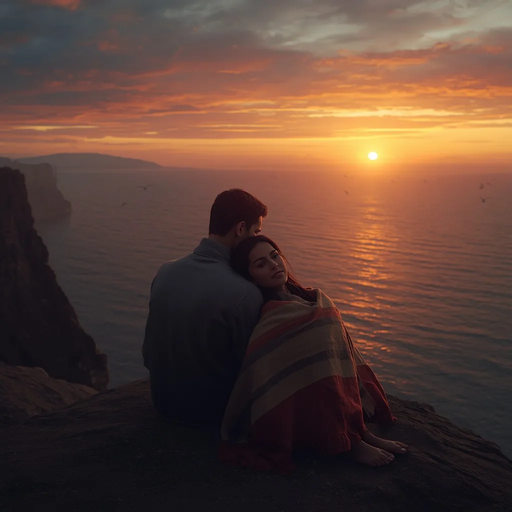 Romantic Couple's Shared Sunset View from a Cliff – Expressive Couple Cooking Together Moments prompts – AI generated example