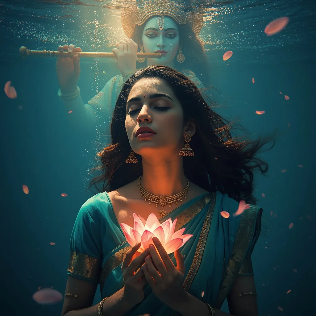 Serene Woman Underwater with Lord Krishna and Glowing Lotus