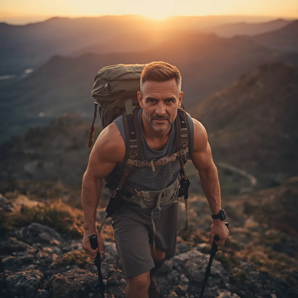 Strong Man Hiking a Rocky Trail with Panoramic Views at Golden Hour – male ai prompts – AI generated example