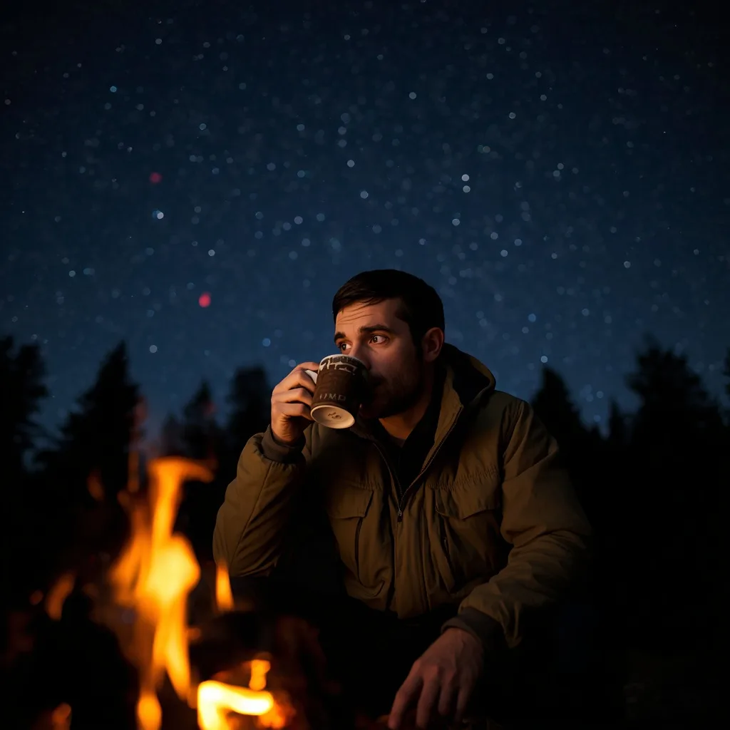 Thoughtful Man Drinking Coffee by a Campfire Under a Starry Night