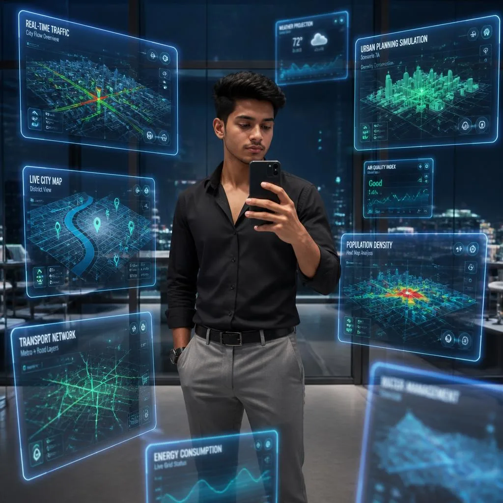 Virtual Cityscape Navigator: A Tech-Inspired Selfie – aesthetic night sky prompts – AI generated example