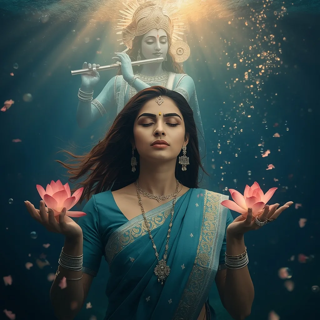 Woman's Spiritual Underwater Dance with Lord Krishna
