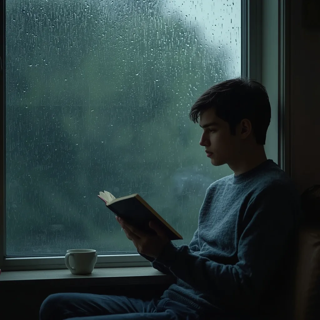 Young Man Reading a Book by a Window with Rain Outside