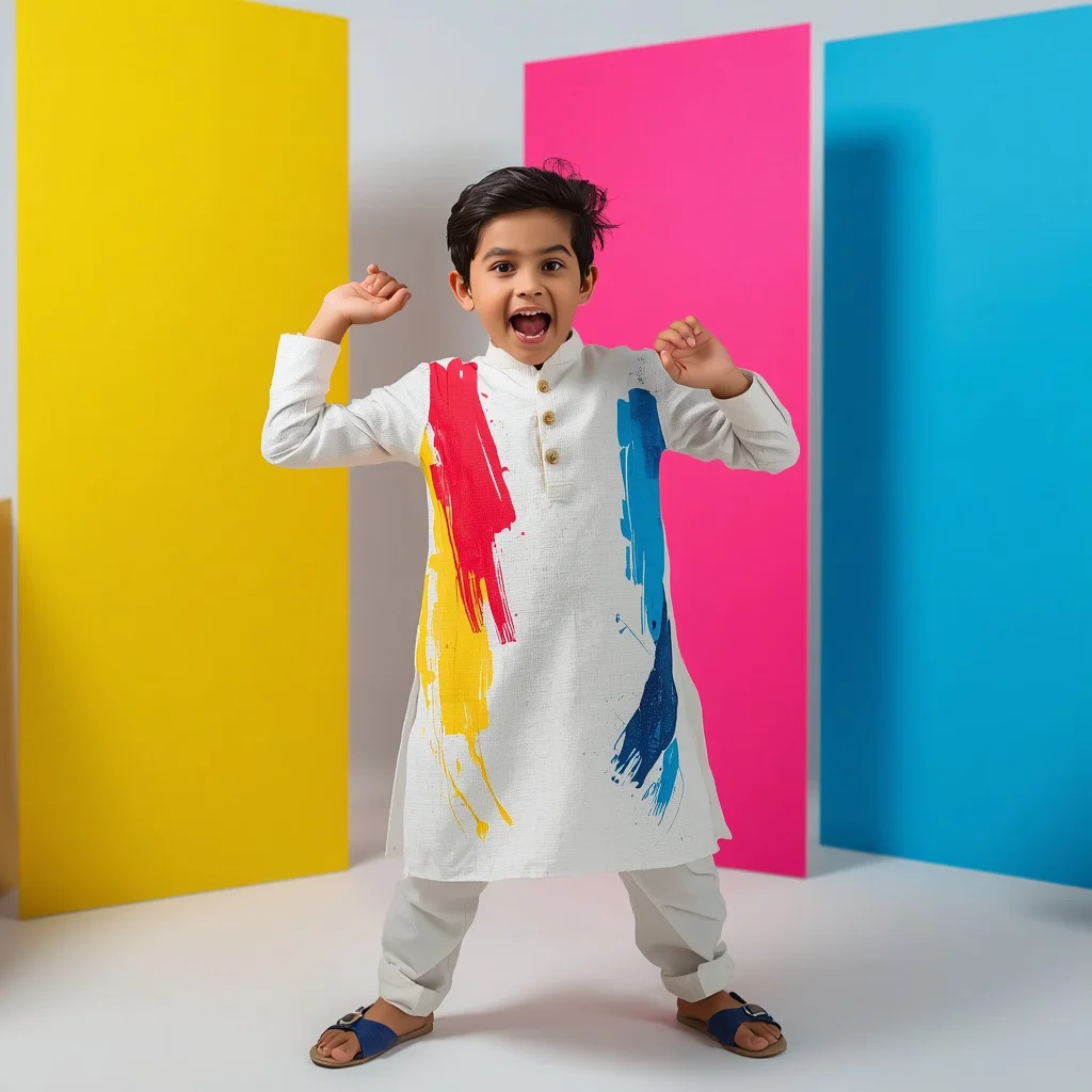 Dynamic Boy in Kurta with Abstract Brushstrokes and Vibrant Color Blocks | Prompt seen Gemini girl Instagram — AI image prompt