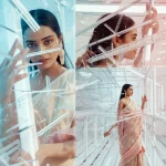 Festive Pastel Saree Architectural Light Grid Collapse Collage Modernist | gemini prompt
