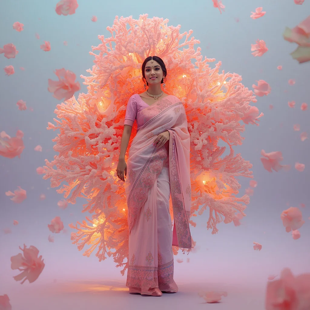 Festive Pastel Saree Floating Coral Bloom Sculpture Collage Underwater Garden Dream | traditional prompt for gemini ai girl instagram — AI image prompt