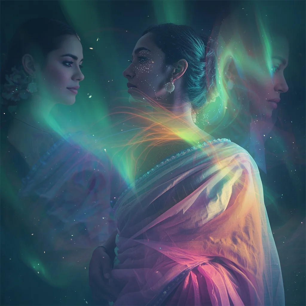 Festive Pastel Saree Living Aurora Borealis Weave Collage Northern Lights | prompt for girls college instagram — AI image prompt