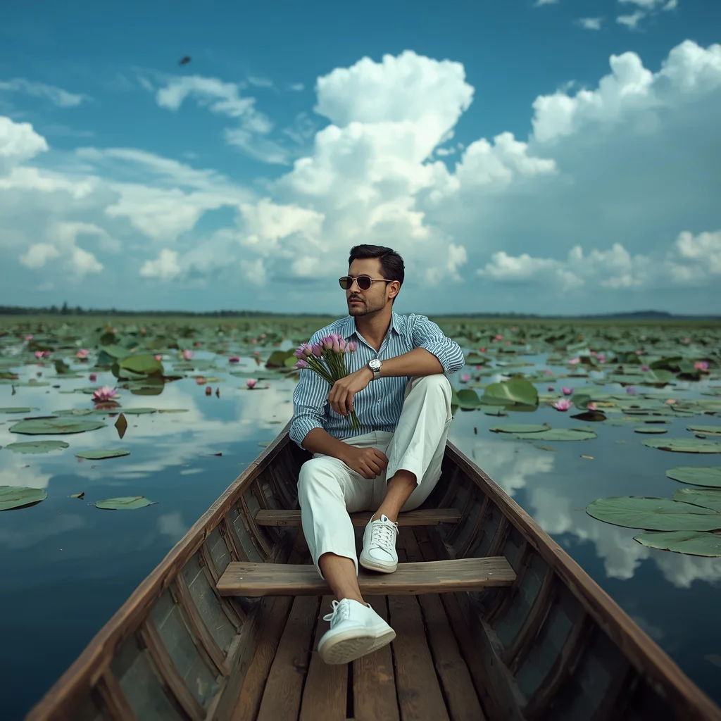 A Confident Man on a Calm Lotus Lake — AI image prompt