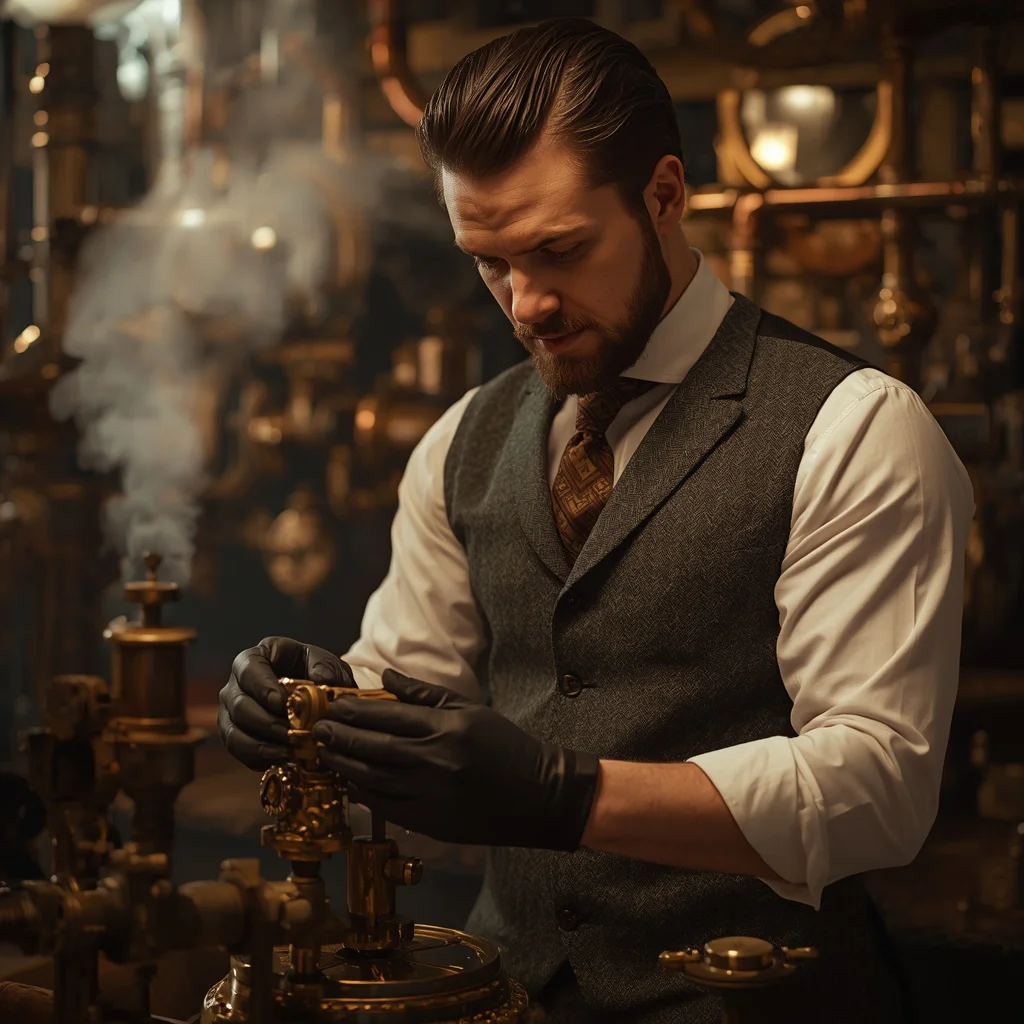 A Dashing Man in a Neo-Victorian Steampunk Workshop Amidst Whirring Gears — AI image prompt