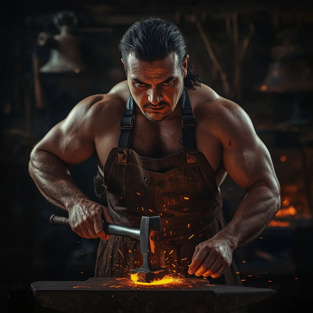 A Male Blacksmith's Gritty Determination in a Fire-Lit Forge — AI image prompt