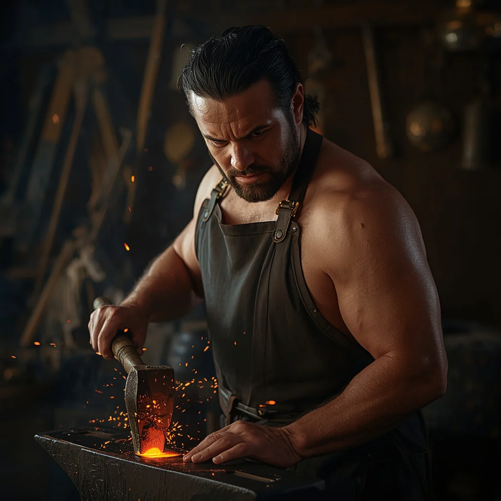 A Male Blacksmith's Intense Crafting of a Glowing Blade in a Dark Forge — AI image prompt