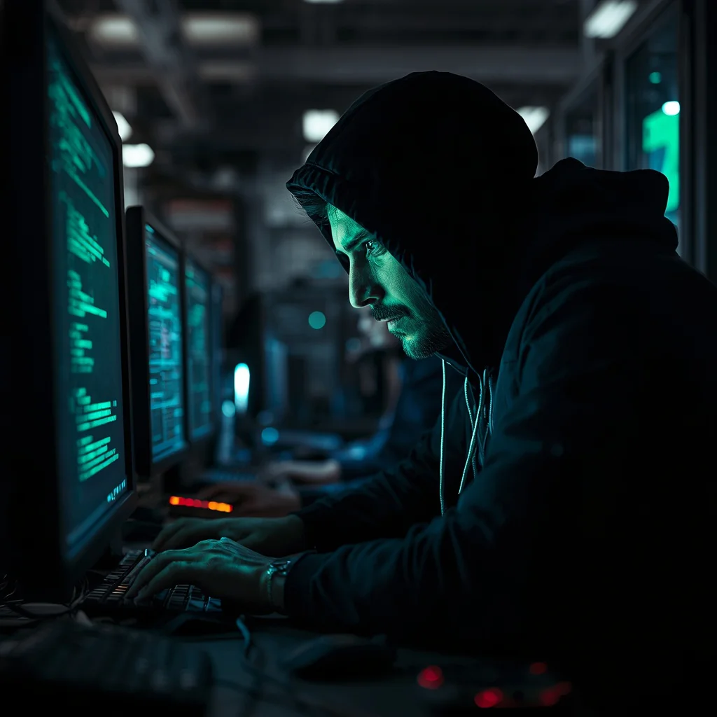 A Male Hacker's Intense Coding Session in a Darkened Futuristic Laboratory — AI image prompt