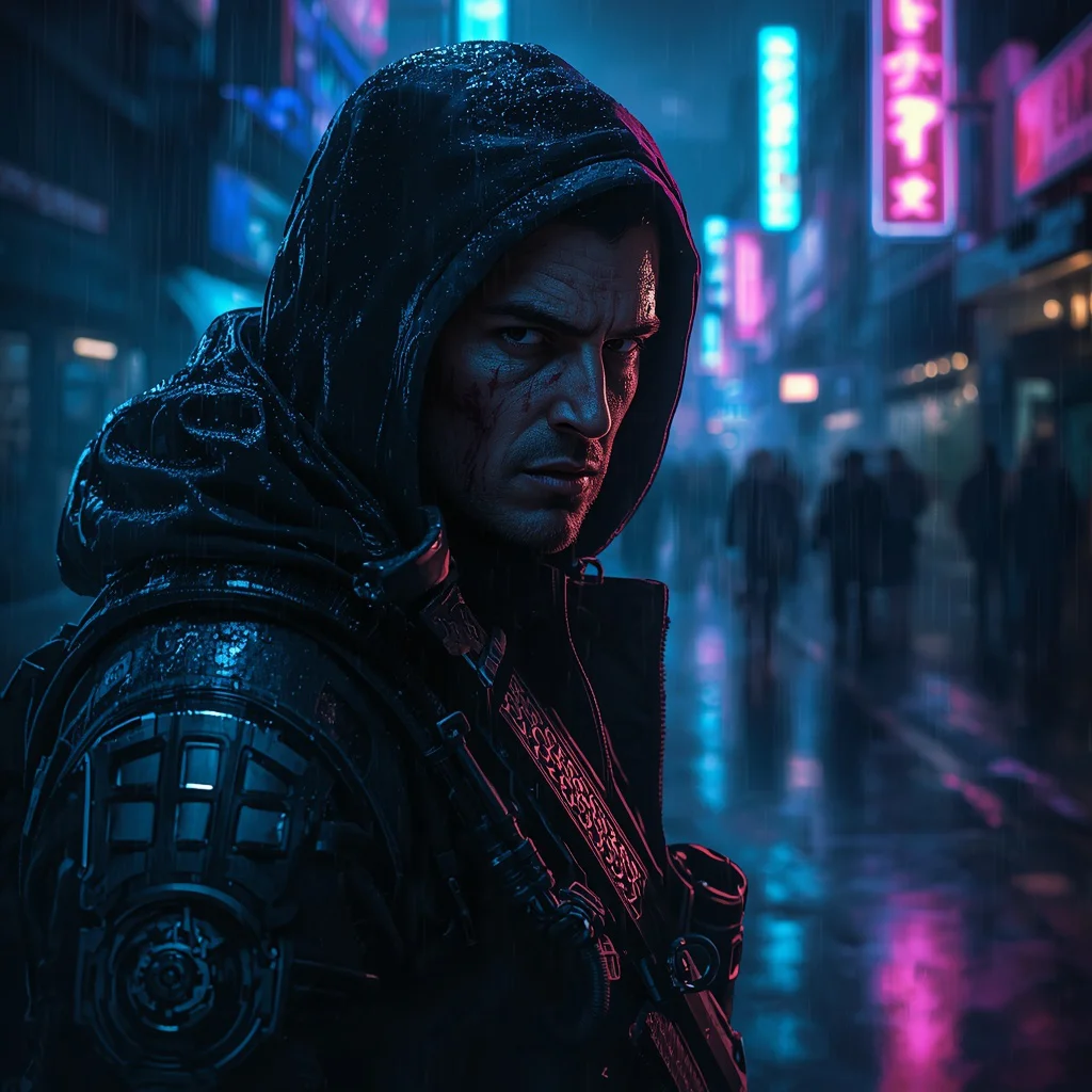 A Male Mercenary's Vigilant Stare in a Rain-Soaked Cyberpunk District — AI image prompt