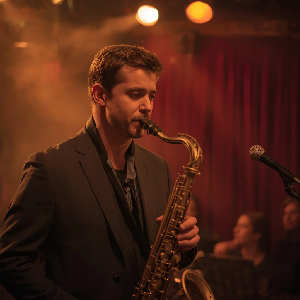 A Male Musician's Soulful Performance in a Dimly Lit Jazz Club — AI image prompt