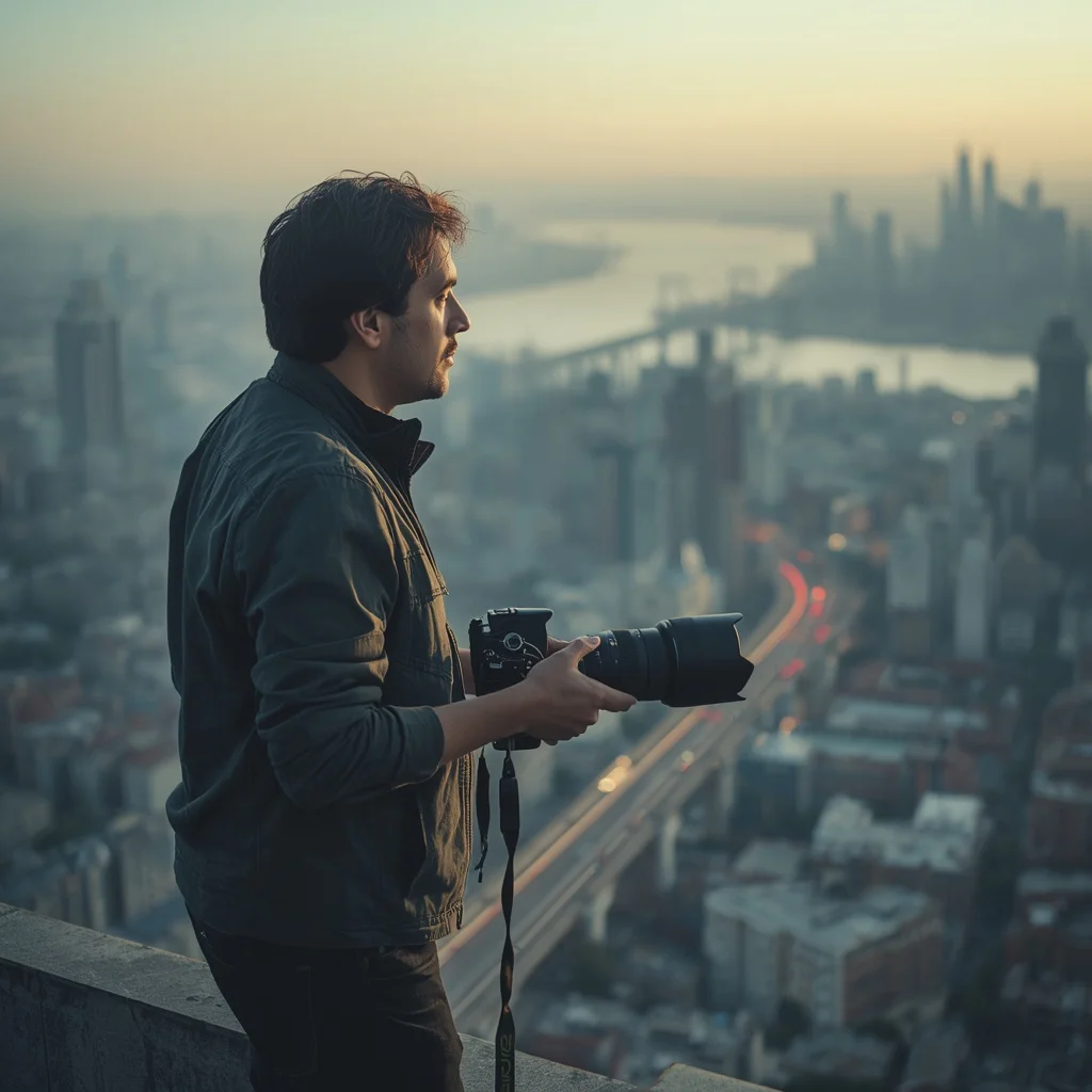 A Male Photographer's Pensive Gaze Over a Vast Urban Landscape at Dawn — AI image prompt