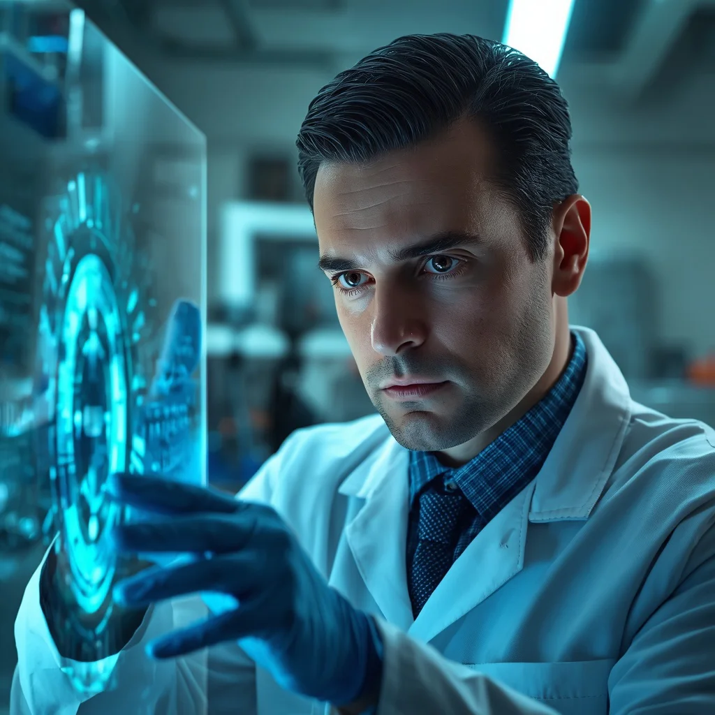 A Male Scientist's Intense Focus on a Complex Holographic Projection — AI image prompt