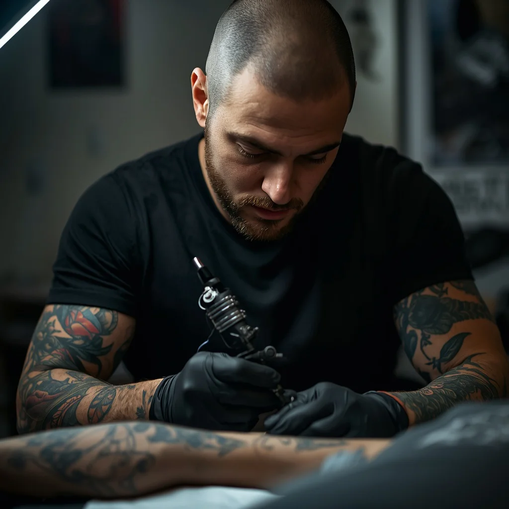 A Male Tattoo Artist's Intense Focus While Creating Intricate Body Art — AI image prompt