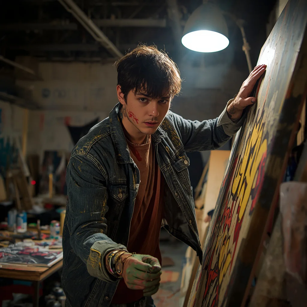 A Male Urban Artist's Creative Flow in a Grungy Loft Studio — AI image prompt