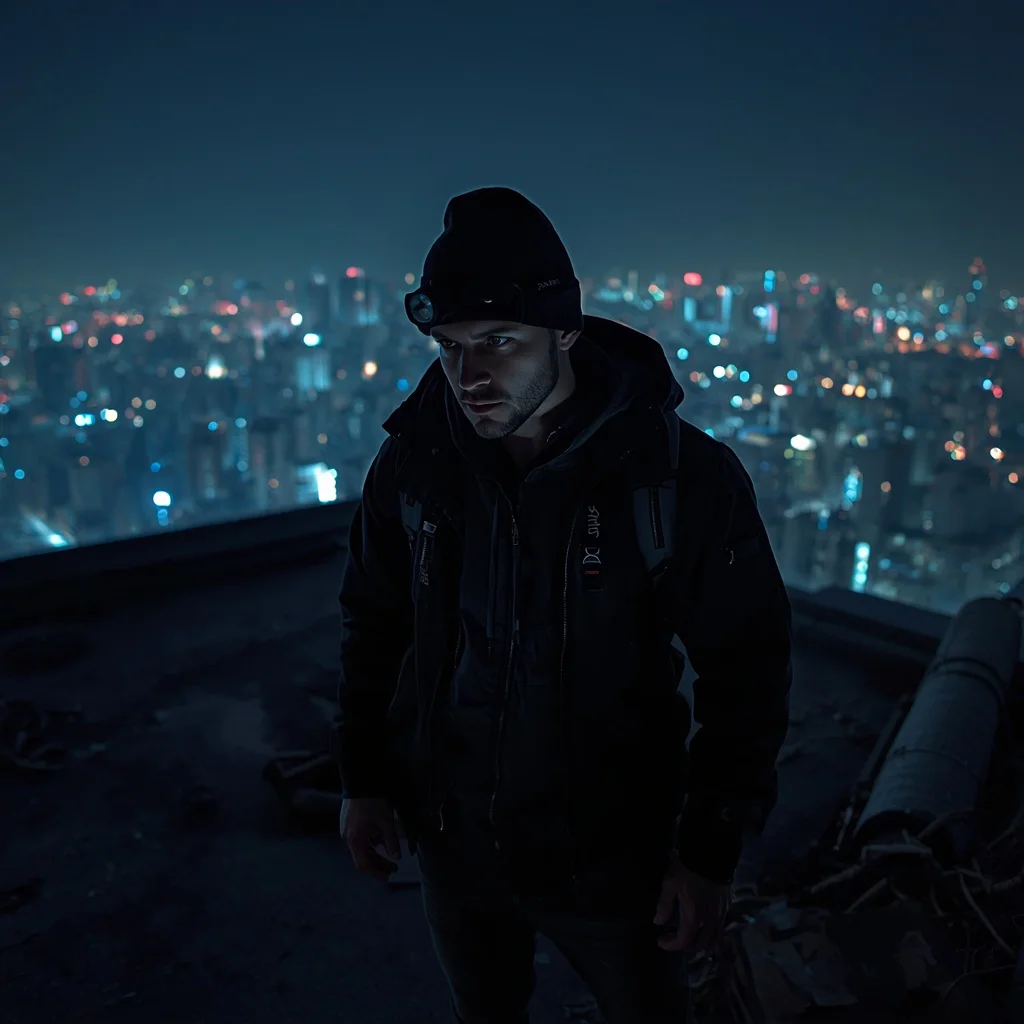 A Male Urban Explorer's Intense Gaze from a Rooftop Overlooking the City — AI image prompt