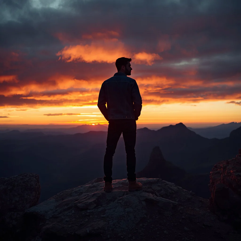 A Man's Contemplative Silhouette Against Mountain Sunset — AI image prompt