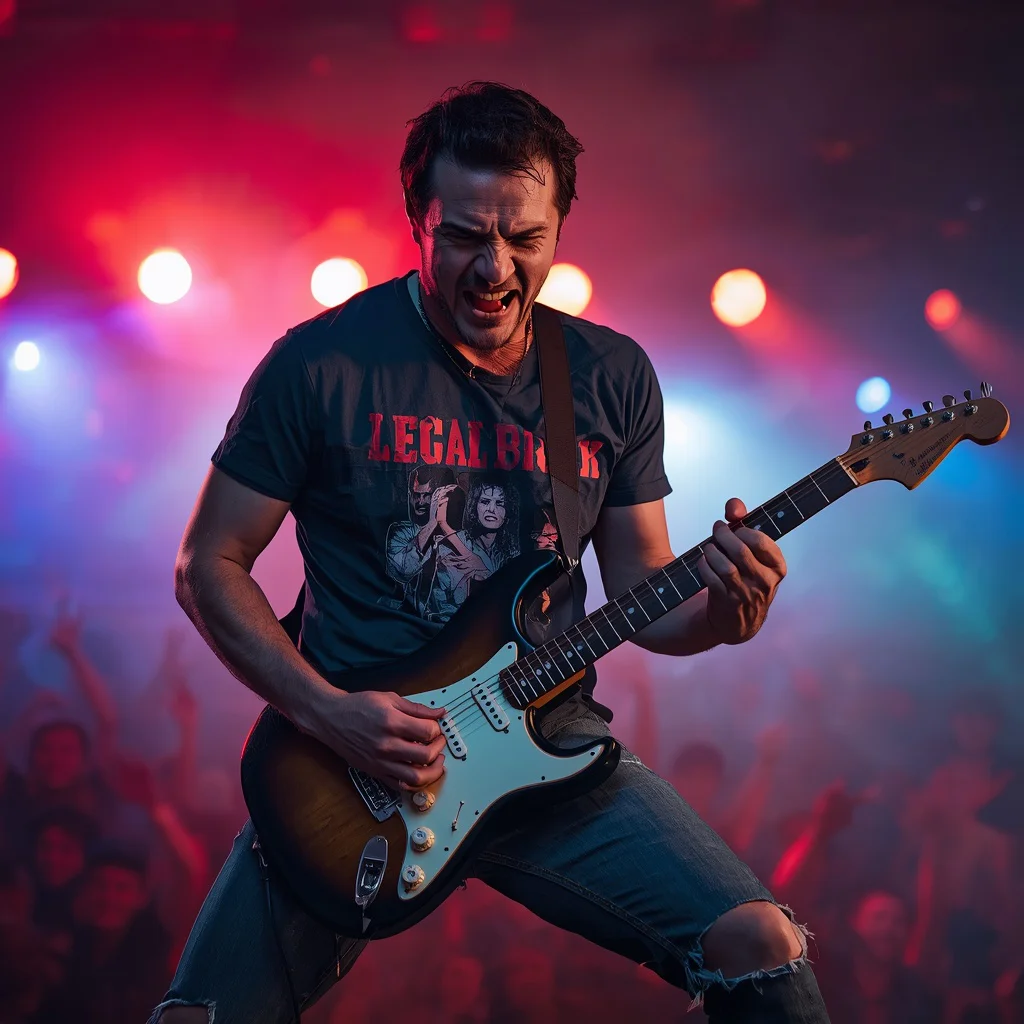 A Man's Intense Portrait as a Musician with a Guitar and Stage Lights — AI image prompt
