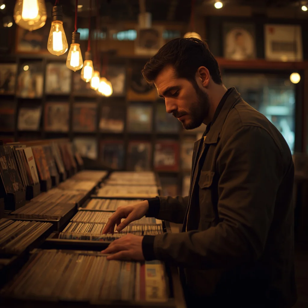 A Man's Thoughtful Portrait in a Vintage Record Store with Warm Lighting — AI image prompt