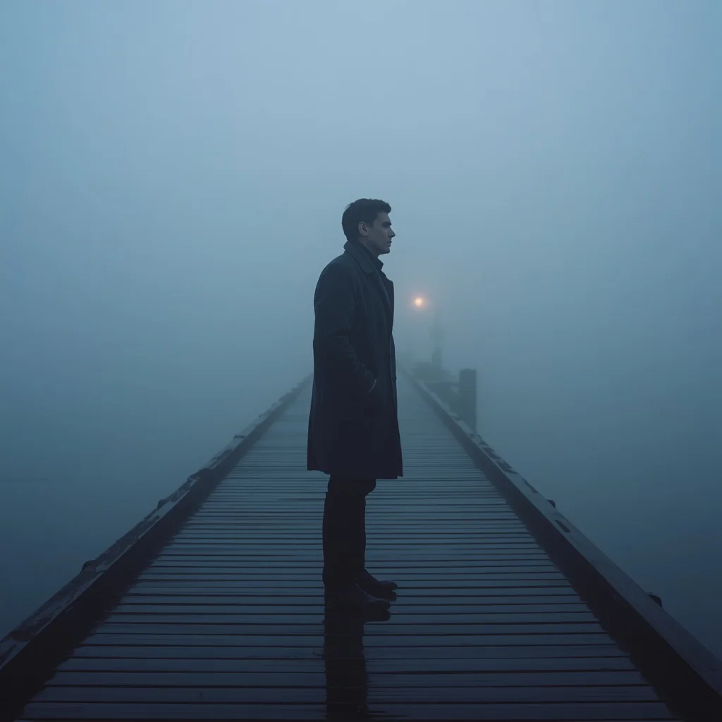 A Reflective Man on a Foggy Pier Gazing at a Distant Ship's Light — AI image prompt