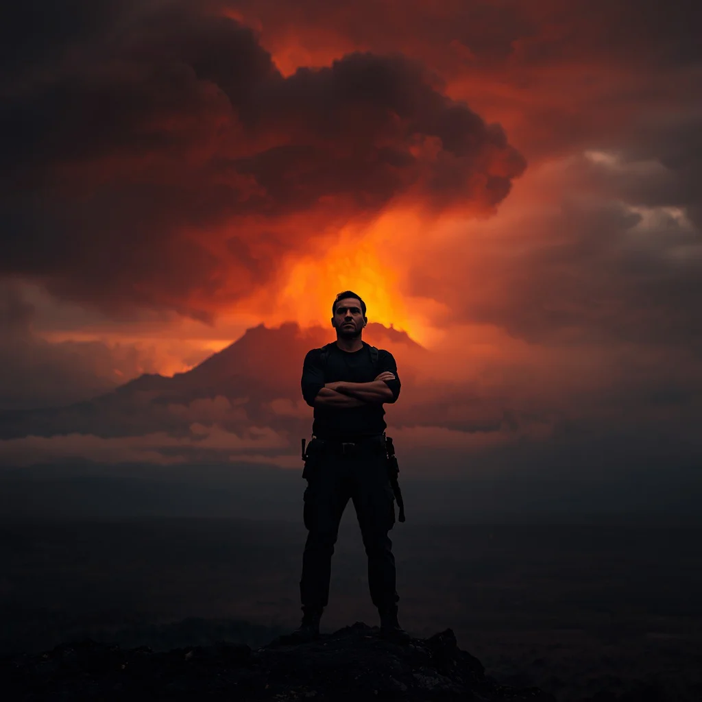 A Stoic Male Figure Silhouetted Against a Volcanic Eruption's Fiery Glow — AI image prompt