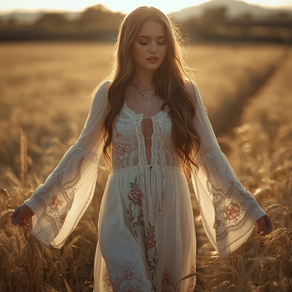 Bohemian Rhapsody with a Flowy Embroidered Dress — AI image prompt