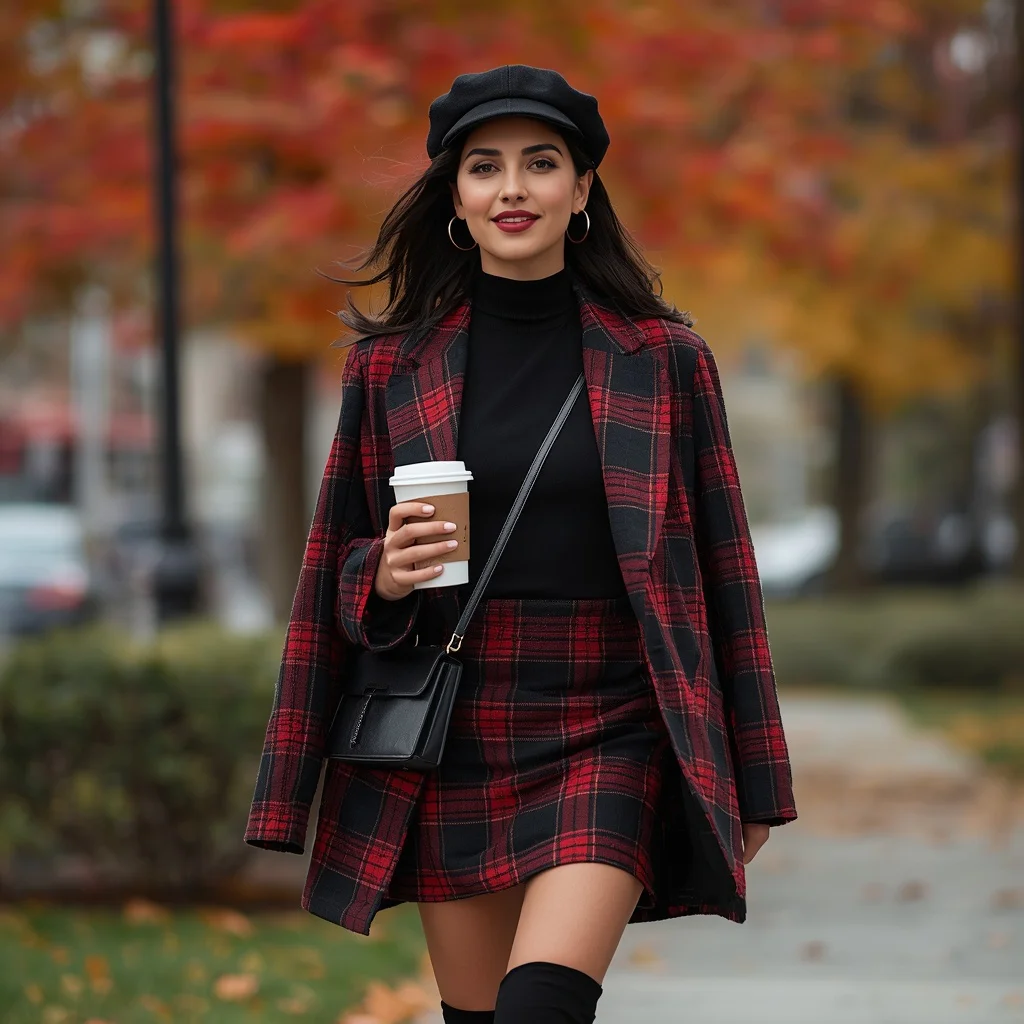 Chic Plaid Mini Skirt and Blazer for Autumn — AI image prompt