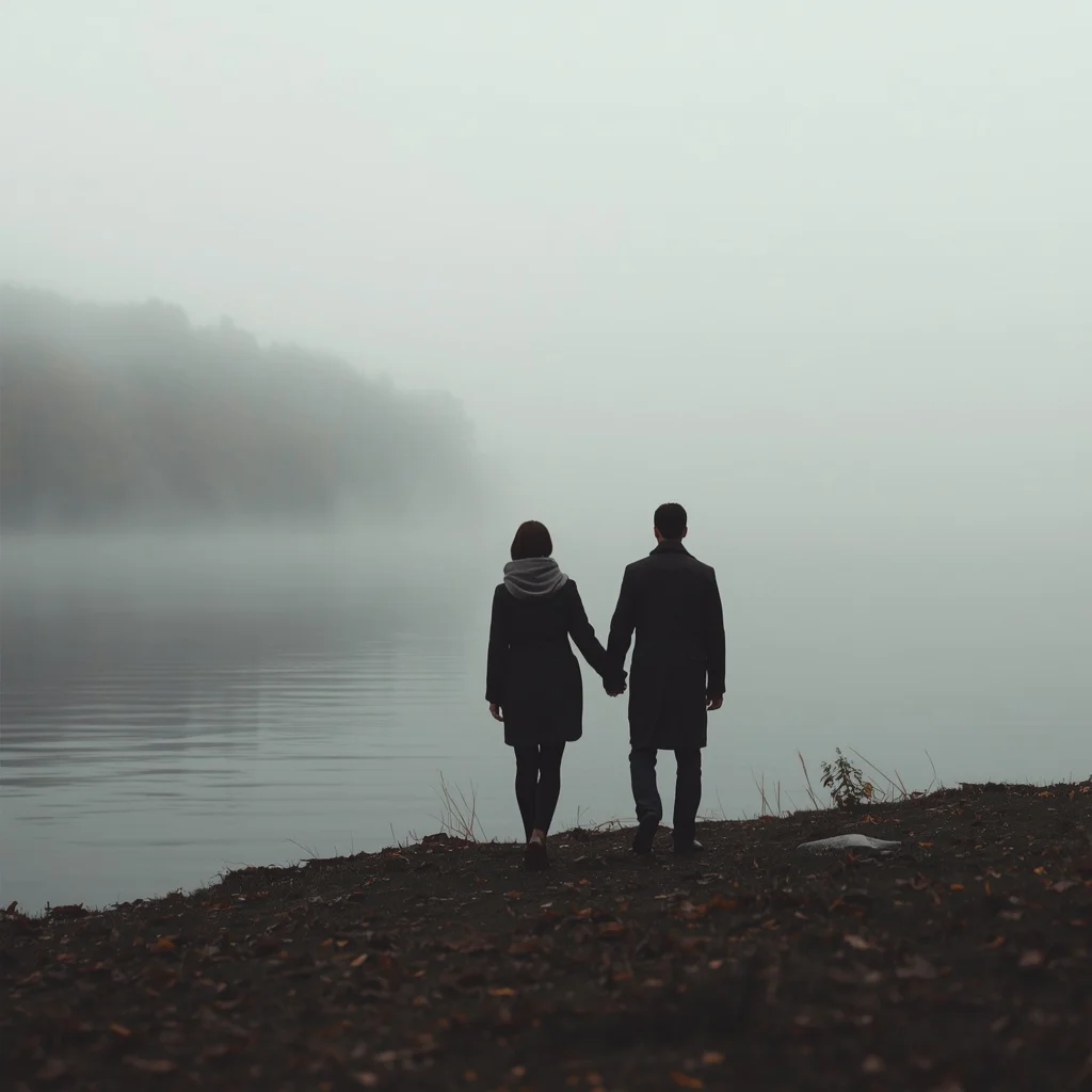 Couple's Reflective Walk Along a Misty Autumn Lake Shore — AI image prompt